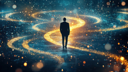 A businessman silhouette stands amidst a vibrant digital landscape filled with glowing light trails. This captivating scene symbolizes innovation, inspiration, and the journey into the future.の素材