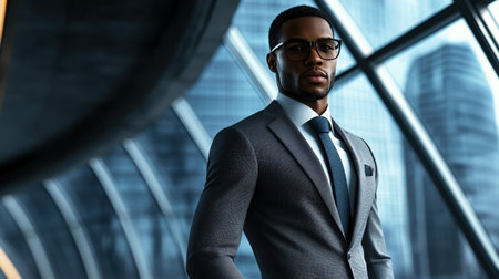 A confident businessman stands in a sleek office space, showcasing modern architecture and a chic urban backdrop, highlighting professionalism and success.の素材