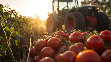 A vibrant scene of freshly harvested tomatoes in a field with a tractor in the background, illuminated by warm sunlight, showcasing rural agriculture and farming life.の素材