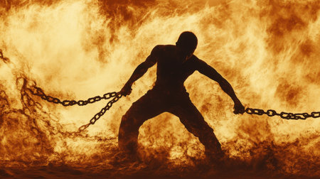 A dramatic silhouette of a person struggling with chains against a fiery backdrop, symbolizing struggle and resilience. The intense flames evoke a sense of power and determination.の素材