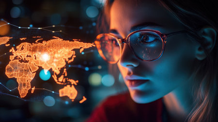 A thoughtful woman wearing glasses gazes at a glowing digital world map, symbolizing the intersection of technology and human insight. The vibrant colors enhance the innovative atmosphere.の素材