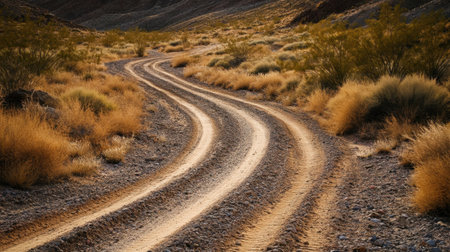 A scenic view of a winding gravel road in a desert landscape, surrounded by dry grass and rocky terrain. This image evokes a sense of adventure and tranquility.の素材
