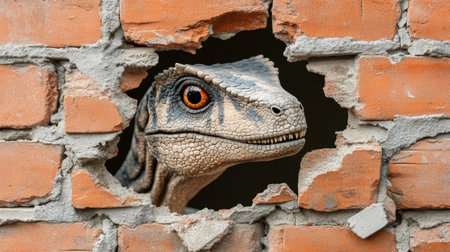 A lifelike dinosaur head pokes through a cracked brick wall, blending creativity and fantasy. The vibrant detail captures a surprising and playful moment.の素材