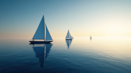 A serene sailing scene showcases elegant sailboats gliding over calm waters at dawn. The gentle reflections create a tranquil atmosphere, inviting relaxation.の素材