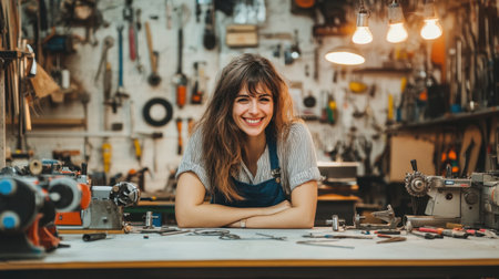 A smiling young woman stands confidently in a well-equipped workshop, surrounded by various tools and machinery. Her cheerful demeanor reflects passion for craftsmanship and creativity.の素材