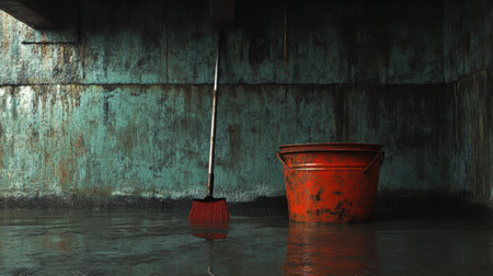 This image depicts cleaning supplies in an abandoned industrial space, featuring a rusted bucket and broom. The atmosphere is gritty and reflective, showcasing decay.の素材