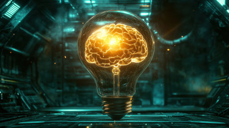 A stunning visual representation of creativity, showcasing a glowing brain inside a light bulb. This concept symbolizes innovation and imagination in a futuristic environment.の素材