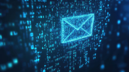 Vibrant digital email icon is surrounded by glowing binary code, representing modern communication and data exchange. Ideal for technology-themed projects.の素材