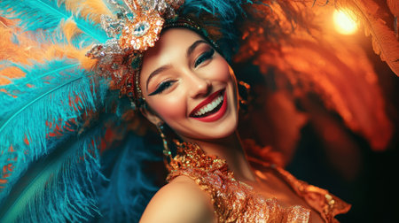 A joyful carnival dancer showcases a vibrant smile adorned with a stunning feather headpiece. The colorful background adds to the festive atmosphere of the celebration.の素材
