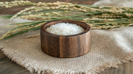 A captivating arrangement featuring fresh uncooked rice in a wooden bowl, elegantly displayed with rice stalks, perfect for food photography or culinary themes.の素材