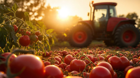 A picturesque farm scene features vibrant red tomatoes scattered across a field, with a tractor in the background during a serene sunset. Perfect for agricultural themes.の素材
