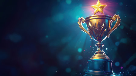 A stunning golden trophy featuring a shining star, set against a dark background, symbolizing achievement and excellence. Perfect for competition and award themes.の素材