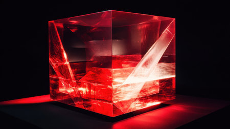A striking red crystal cube illuminated from within, showcasing abstract reflections and sharp angles, perfect for modern art concepts and design inspirations.の素材