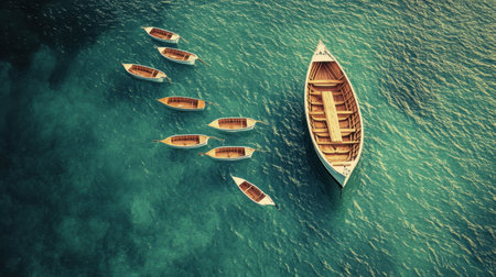 A stunning aerial perspective showcasing rustic boats floating on clear turquoise water. This beautiful scene captures tranquility and invites a sense of adventure.の素材
