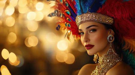 A stunning portrait of an elegant woman adorned with a colorful feathered headpiece and opulent jewelry. The warm bokeh background enhances the vibrant colors and details.の素材