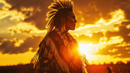 Captured at sunset, this striking silhouette of a Native American individual showcases rich cultural heritage, attire, and connection to nature in a vibrant landscape.の素材