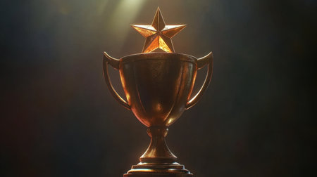 A stunning golden trophy featuring a prominent star, elegantly illuminated by soft light. Ideal for representing achievement and success in various contexts.の素材