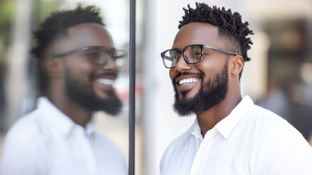 A smiling man with glasses and a stylish beard stands confidently against a glass reflection in an urban environment, radiating positivity and joy.の素材