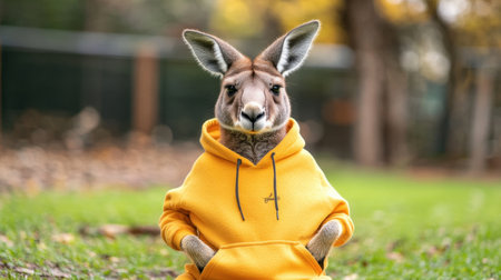 A charming kangaroo wearing a bright yellow hoodie stands in an outdoor park. This unique and playful scene combines nature and fashion, evoking joy and creativity.の素材