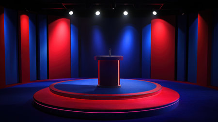A vibrant debate stage featuring a central podium, illuminated by spotlights, with a striking red and blue backdrop. Ideal for political events or presentations.の素材