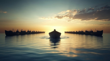 A serene sunrise illuminates the water, creating a tranquil scene with silhouetted boats layered against the horizon. A perfect visual for exploration and tranquility.の素材