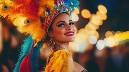 A vibrant woman stands amidst festive lights, showcasing a colorful feathered costume and bright smile, conveying joy and celebration during a nighttime festival.の素材