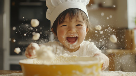 A joyful child in a chef outfit has fun playing with flour in a kitchen setting, showcasing pure happiness and the delight of cooking experiences.の素材