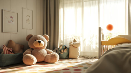 A cozy children's bedroom bathed in soft daylight featuring a plush teddy bear, colorful decor, and inviting textures, perfect for creating a playful atmosphere.の素材