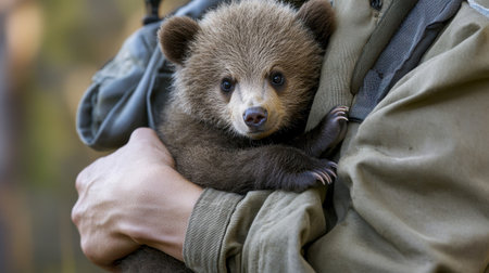A heartwarming image of a bear cub being gently held by a person, showcasing the bond between humans and wildlife in a natural setting.の素材