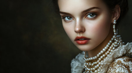 A captivating portrait of a young model, featuring elegant pearls and sophisticated makeup. This image showcases refined beauty with a timeless aesthetic.の素材