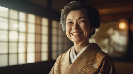 A joyful woman wearing a traditional kimono smiles warmly in an elegant indoor setting, with soft natural light enhancing her serene beauty and graceful demeanor.の素材