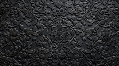 This image features an intricate floral design on a dark textured background, showcasing detailed patterns and relief work that evoke elegance and artistry.の素材