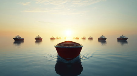 A serene sunrise casts warm hues over still water, with a vibrant boat leading the way. Multiple vessels in the distance create a tranquil seascape perfect for relaxation and exploration.の素材