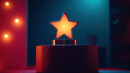 This image features a glowing star trophy displayed on a wooden base, surrounded by vibrant ambient lighting. It symbolizes achievement and recognition in a creative setting.の素材