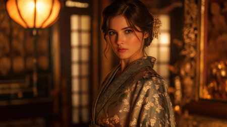 A captivating portrait of a woman wearing a traditional kimono, radiating elegance amidst warm and soft lighting. This detailed image showcases beauty and culture.の素材