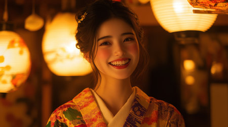 A cheerful young woman wearing a vibrant kimono smiles warmly in a beautifully lit setting filled with glowing lanterns. The atmosphere is enchanting and inviting.の素材