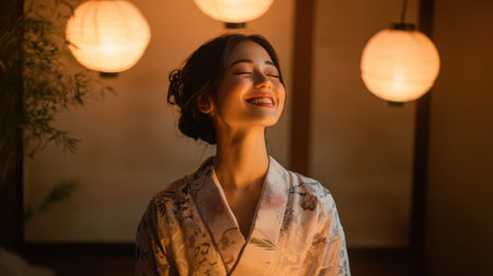 A joyful woman smiles brightly in a cozy indoor setting with warm lantern light. Her traditional attire adds elegance, creating a serene atmosphere perfect for relaxation.の素材