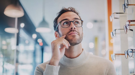 A thoughtful man explores his options for eyewear in a stylish store setting, showcasing modern glasses displays and a contemplative atmosphere.の素材