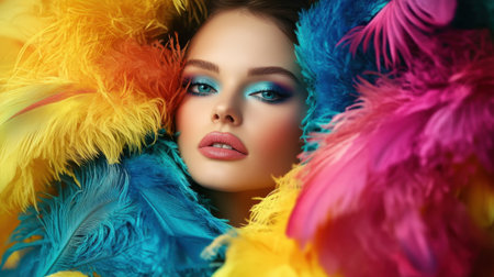 A stunning portrait of a model surrounded by vibrant feathers, showcasing bold makeup. The vivid colors and artistic composition create an eye-catching aesthetic.の素材
