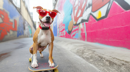 A cheerful dog confidently rides a skateboard through a lively urban setting, wearing stylish sunglasses, showcasing a playful and adventurous spirit amidst vibrant graffiti.の素材