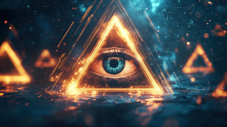 This captivating image features a focused eye within a glowing triangle, surrounded by an abstract background of light and energy, evoking a sense of mystery and creativity.の素材