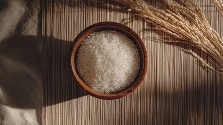 A beautifully arranged wooden bowl filled with white rice sits on a textured surface alongside dried wheat. This serene composition highlights natural ingredients for cooking.の素材