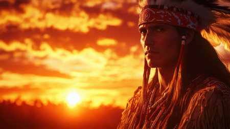 A captivating portrait of a Native American warrior standing against a vibrant sunset, embodying strength, heritage, and cultural pride in a serene outdoor setting.の素材