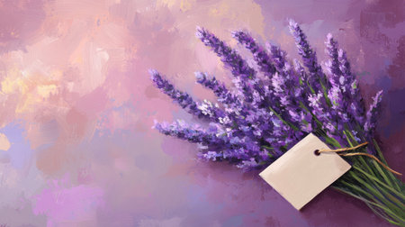 A stunning lavender bouquet with a blank tag rests on a soft pastel background, evoking feelings of tranquility and beauty in any decor setting.の素材
