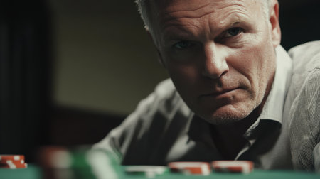A middle-aged man displays intense focus at a casino poker table, surrounded by poker chips, as he contemplates his next move during a high-stakes game.の素材