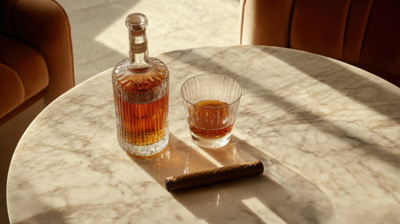 A sophisticated setup featuring a whiskey bottle, an elegant glass filled with amber liquid, and a fine cigar atop a marble table, bathed in warm sunlight.の素材
