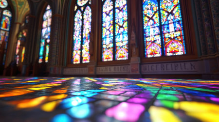 Stunning play of colorful light on the floor from beautiful stained glass windows in a historic church. A perfect blend of artistry and spirituality.の素材