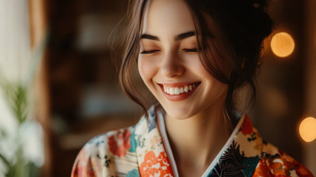 A joyful young woman smiles brightly in a colorful traditional kimono, embodying elegance and cultural charm. The warm ambiance enhances her cheerful expression.の素材