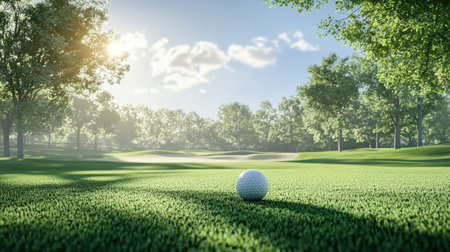 A beautiful golf course scene featuring a white golf ball resting on the lush green grass under serene sunlight, surrounded by trees and gentle hills.の素材