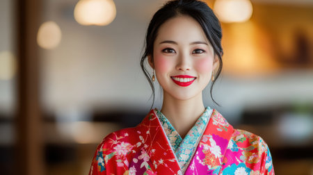 A young woman wearing a bright and colorful kimono stands smiling in a cultural setting, radiating joy and elegance through her vibrant attire and graceful demeanor.の素材